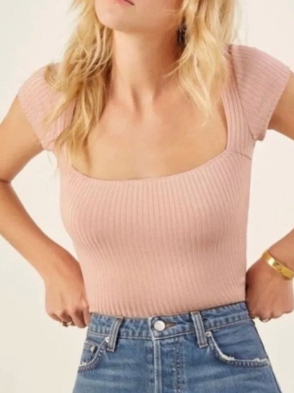 Reformation | Bardot Square Neck Ribbed Knit Top Blush Pink Cap Sleeves Small